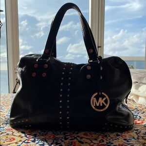 Michael Kors Black Studded Leather Satchel with Gold MK Charm
